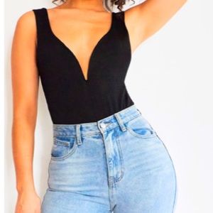 Black Crinkle V Front Sleeveless Bodysuit
